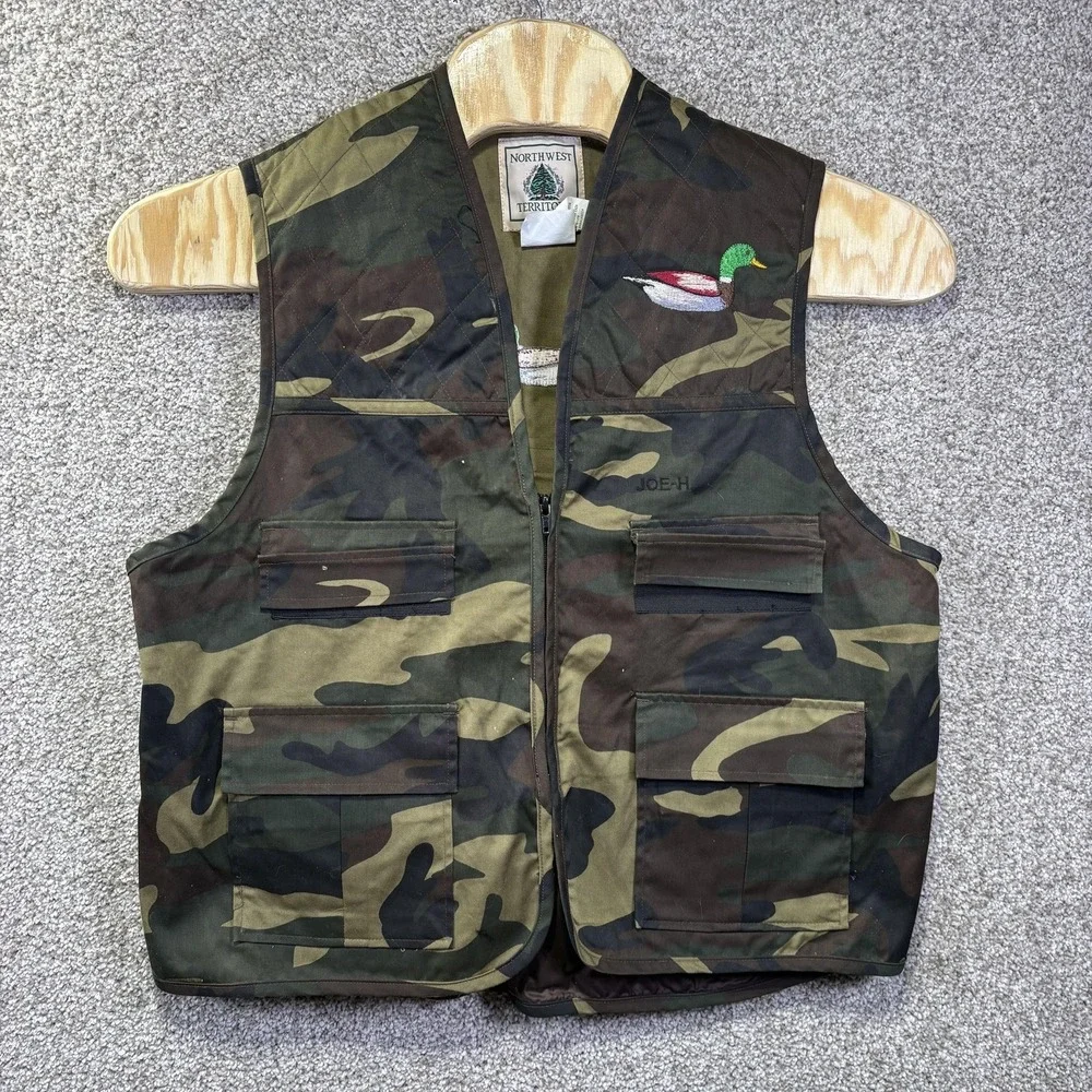 Vintage 90s Northwest Territory Vest Mens Large Green Camo Full Zip Hunting Duck